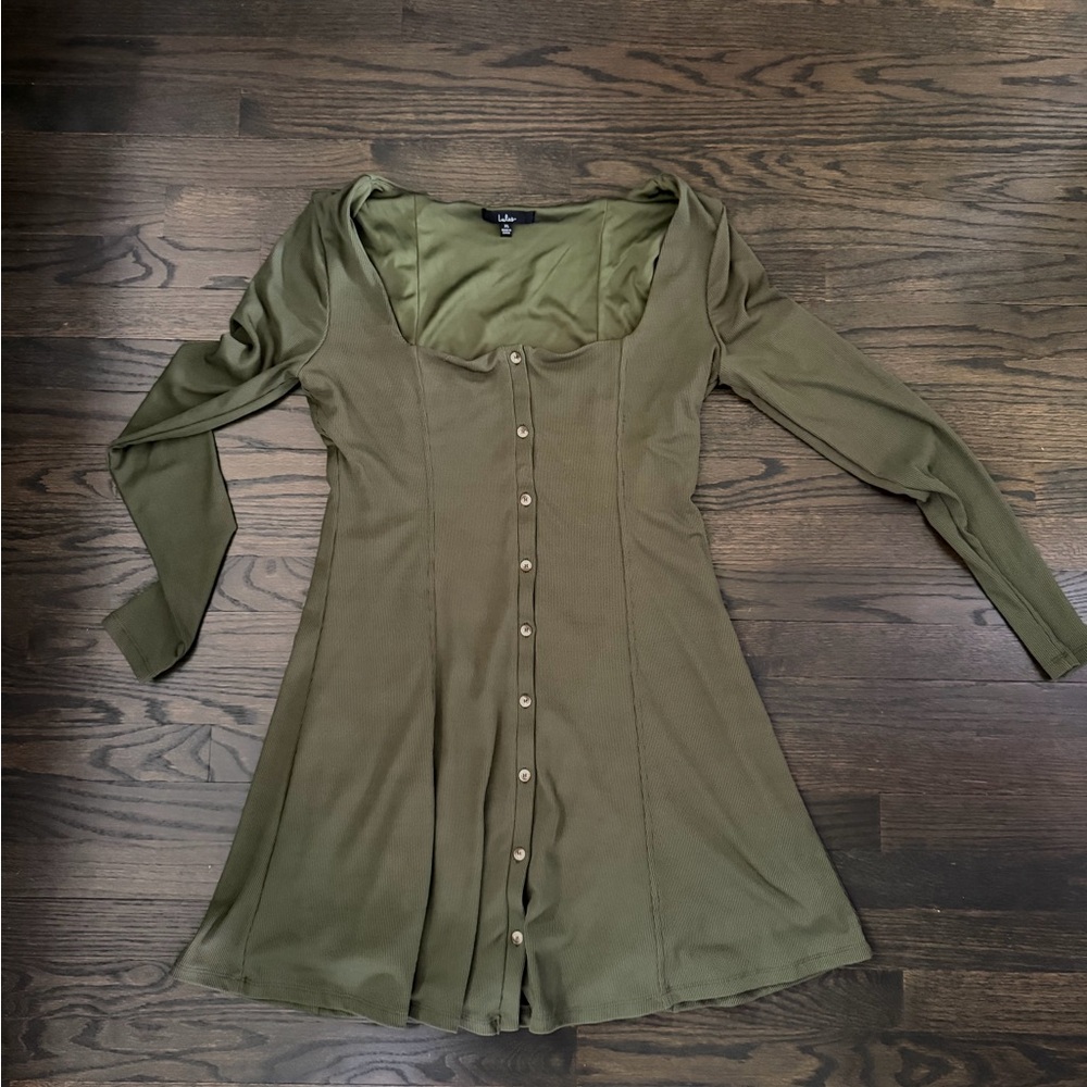 Lulu's Olive Green Long Sleeve Button-Front Dress